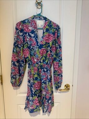Lilly Pulitzer Floral V-Neck Blue Long Sleeve Dress
